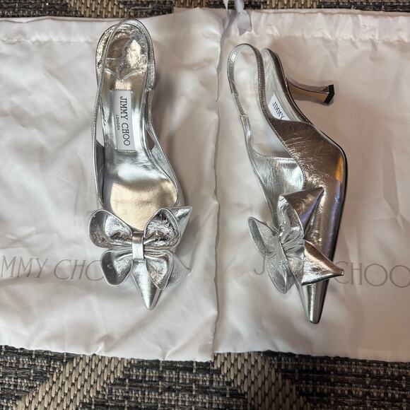 Jimmy Choo Staz 70MM Bow-Embellished Leather Slingback Pumps Silver Size 38 - Picture 2 of 9